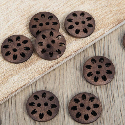 20mm Eco Button | 2 Hole Flower Cut Out | Wood | Brown - G467120\29 | RT3