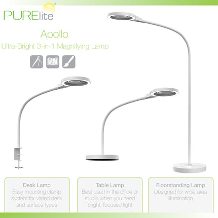 Purelite | Ultra-Bright Magnifying Lamp | Apollo 3-in-1