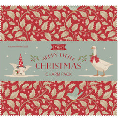 Fabric charm pack with red and beige pattern and 'Merry Little Christmas' text on a white background
