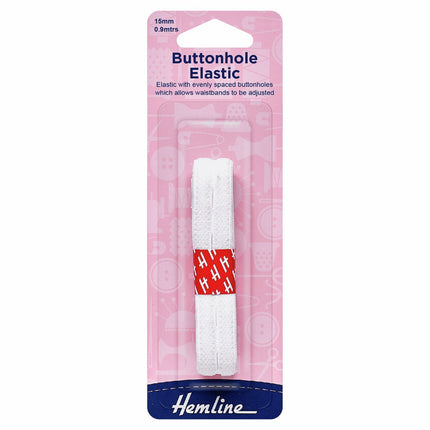 Hemline Buttonhole Elastic - 15mm - White - H636