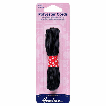 Hemline Polyester Cord - 6mm - Black - H683.B