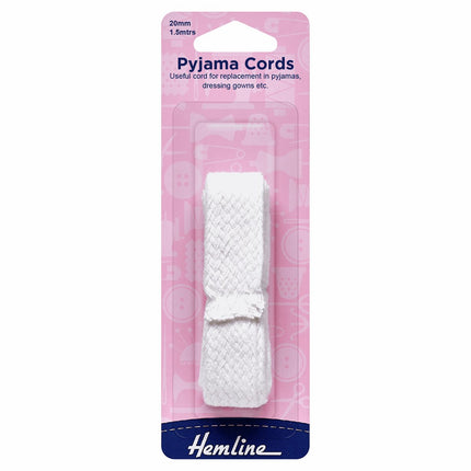 Hemline Polyester Pyjama Cord - 20mm - White - H682