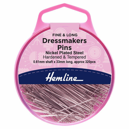 Hemline Sewing Pins - Fine Dressmakers Hardened & Tempered - 33mm Long (320 pack) - H718