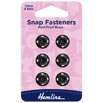 Hemline Snap Fasteners: Sew-on: Black: 13mm: Pack of 6 - H421.13