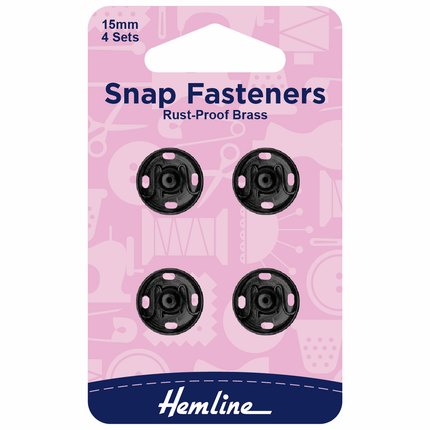 Hemline Snap Fasteners: Sew-on: Black: 15mm: Pack of 4 - H421.15
