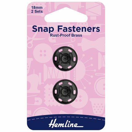 Hemline Snap Fasteners: Sew-on: Black: 18mm: Pack of 2 - H421.18