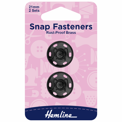 Hemline Snap Fasteners: Sew-on: Black: 21mm: Pack of 2 - H421.21