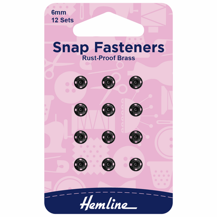 Hemline Snap Fasteners: Sew-on: Black: 6mm: Pack of 12 - H421.6