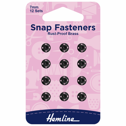 Hemline Snap Fasteners: Sew-on: Black: 7mm: Pack of 12 * - H421.7
