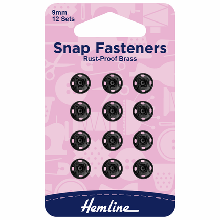 Hemline Snap Fasteners: Sew-on: Black: 9mm: Pack of 12 - H421.9