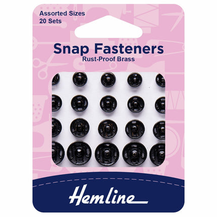 Hemline Snap Fasteners: Sew-on: Black: Assorted: Pack of 20 - H421.99