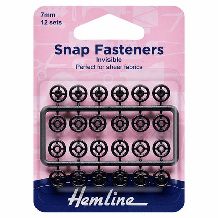 Hemline Snap Fasteners: Sew-on: Black (Invisible): 7mm: Pack of 12 - H422.B