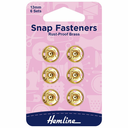 Hemline Snap Fasteners: Sew-on: Gold: 13mm: Pack of 6 - H420.13.G