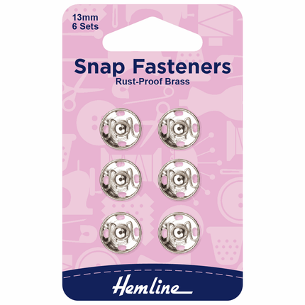 Hemline Snap Fasteners: Sew-on: Nickel: 13mm: Pack of 6 - H420.13