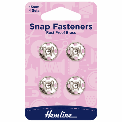 Hemline Snap Fasteners: Sew-on: Nickel: 15mm: Pack of 4 - H420.15