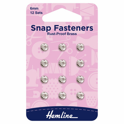 Hemline Snap Fasteners: Sew-on: Nickel: 6mm: Pack of 12 - H420.6