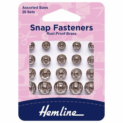 Hemline Snap Fasteners: Sew-on: Nickel: Assorted: Pack of 20 - H420.99