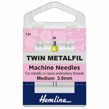 Hemline Twin Metalfil Machine Needles - Medium - 80/12 - 3.00mm - H119.30