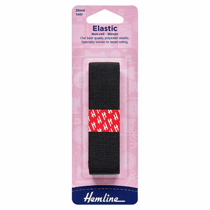 Hemline Woven Non-Roll Elastic - 25mm - Black - H631.25