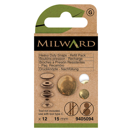 Milward Heavy Duty Snap Fasteners | 15mm Gold | Refill Pack