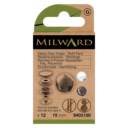 Boutons-pression résistants Milward | 15 mm argent | Paquet de recharge
