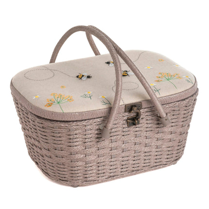 Large Sewing Box | Hobby Gift | Wicker Basket Appliqué Linen Bee - HGLHB\347