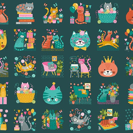 Makower Fabrics | Whiskers | Panel | Teal - 013-T