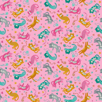 Makower Fabrics | Whiskers | Playfull Cats | Pink - 008-P