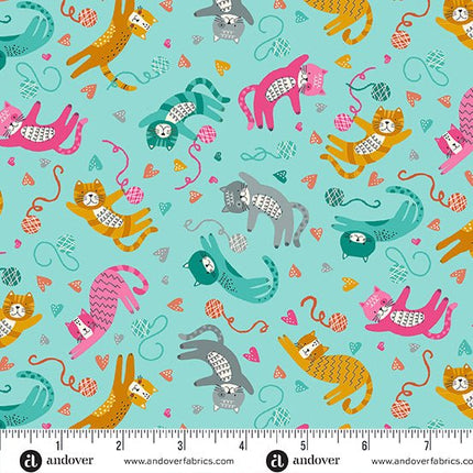 Makower Fabrics | Whiskers | Playfull Cats | Teal - 008-T