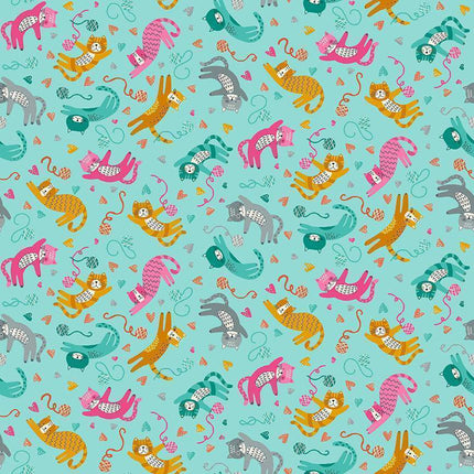 Makower Fabrics | Whiskers | Playfull Cats | Teal - 008-T
