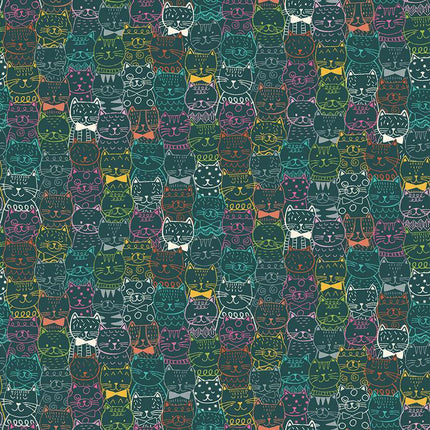 Makower Fabrics | Whiskers | Portrait Cats | Teal - 009-T