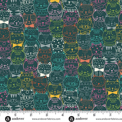 Makower Fabrics | Whiskers | Portrait Cats | Teal - 009-T