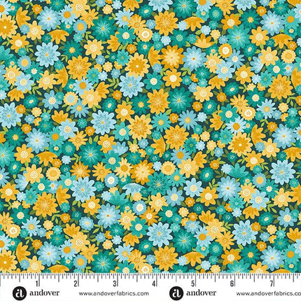 Makower Fabrics | Whiskers | Pretty Posy | Teal - 011-T
