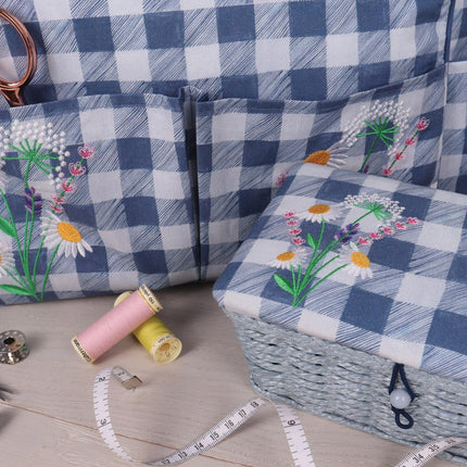 Small Sewing Box | Hobby Gift | Wicker Basket Embroidered Wild Floral Plaid - HGSWE\604