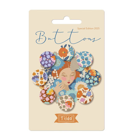 Tilda Wallflower Fabric | 16mm Buttons (8) | Blue / Thristle PRE ORDER JUNE - 