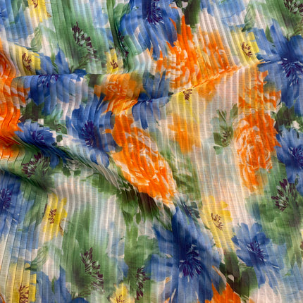 Watercolour Flower Plisse (Pre Pleated Fabric) - Blue - Hollies Haberdashery UK