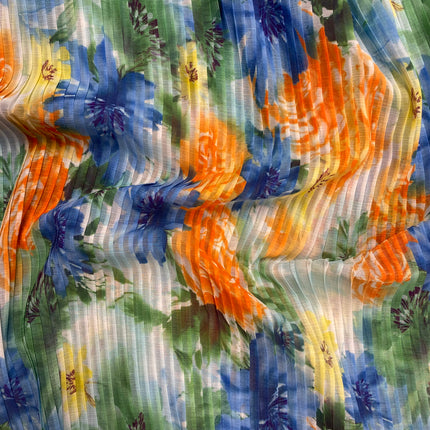 Watercolour Flower Plisse (Pre Pleated Fabric) - Blue - Hollies Haberdashery UK