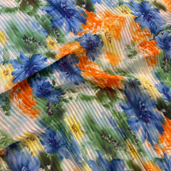 Watercolour Flower Plisse (Pre Pleated Fabric) - Blue - Hollies Haberdashery UK
